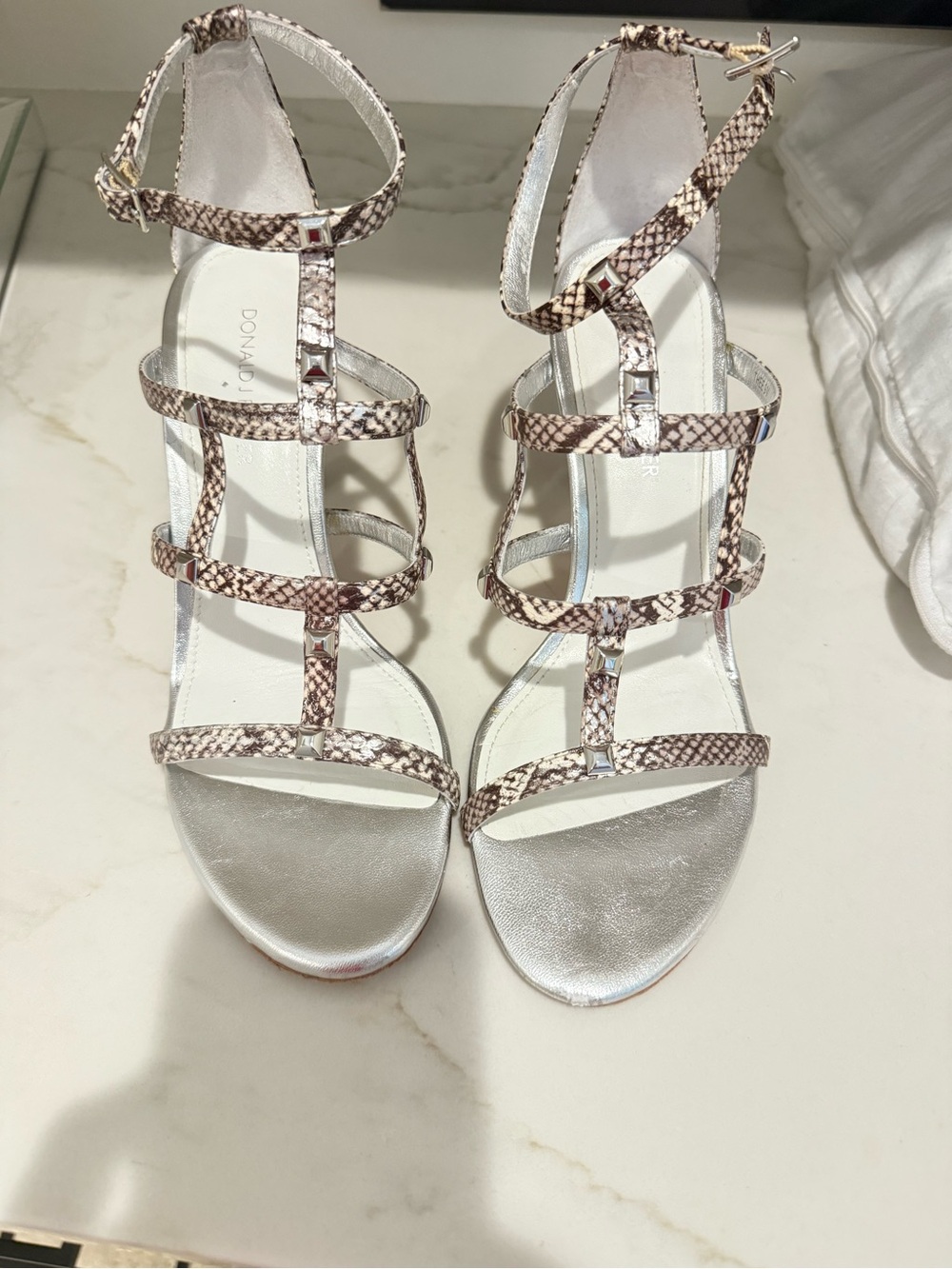 Donald J. Pliner Silver Sandals with Brown Snake-Print Straps